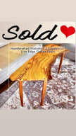 Handcrafted Pistachio wood live edge coffee table with eucalyptus legs, marked as sold.