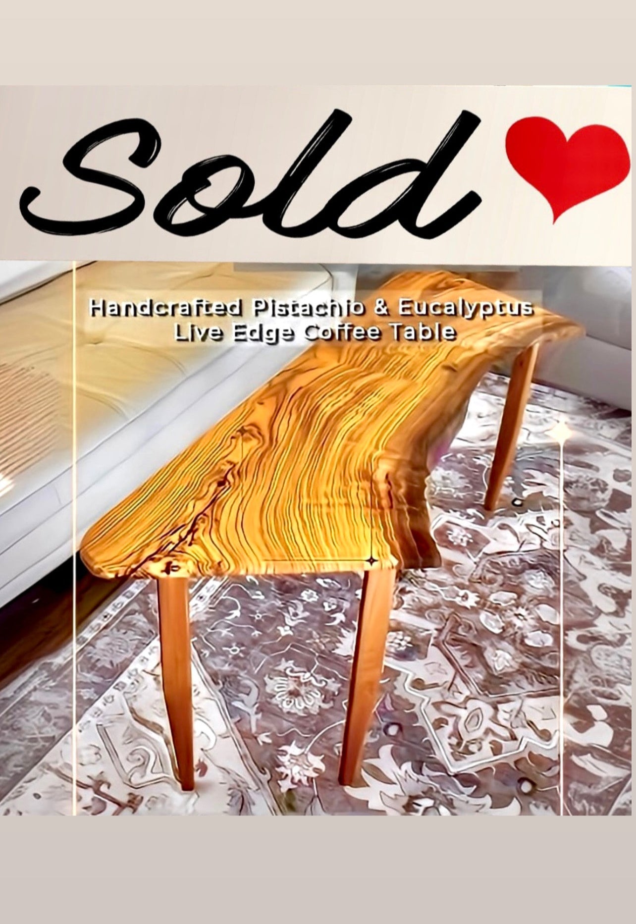 SOLD- Pistachio Live Edge Coffee Table – Luxury Minimalist Handcrafted Wood Statement Piece