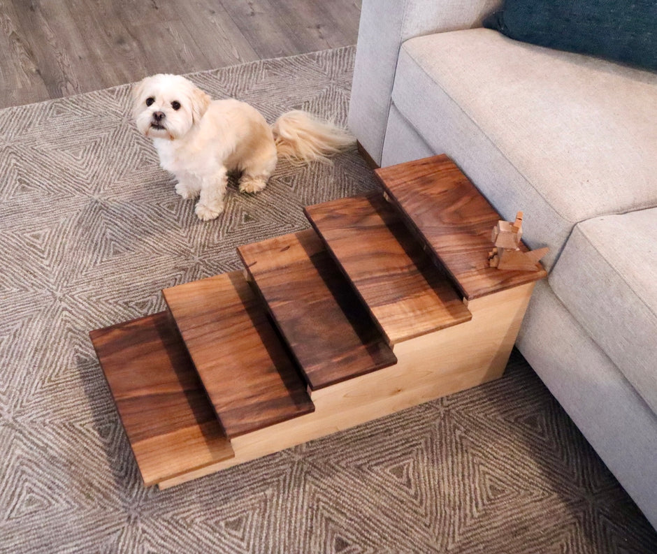 Five Dogs Elevated Pet Steps – Handcrafted Walnut & Maple Wooden Pet Stairs – Stylish & Durable Steps for Dogs, Cats & Small Pets