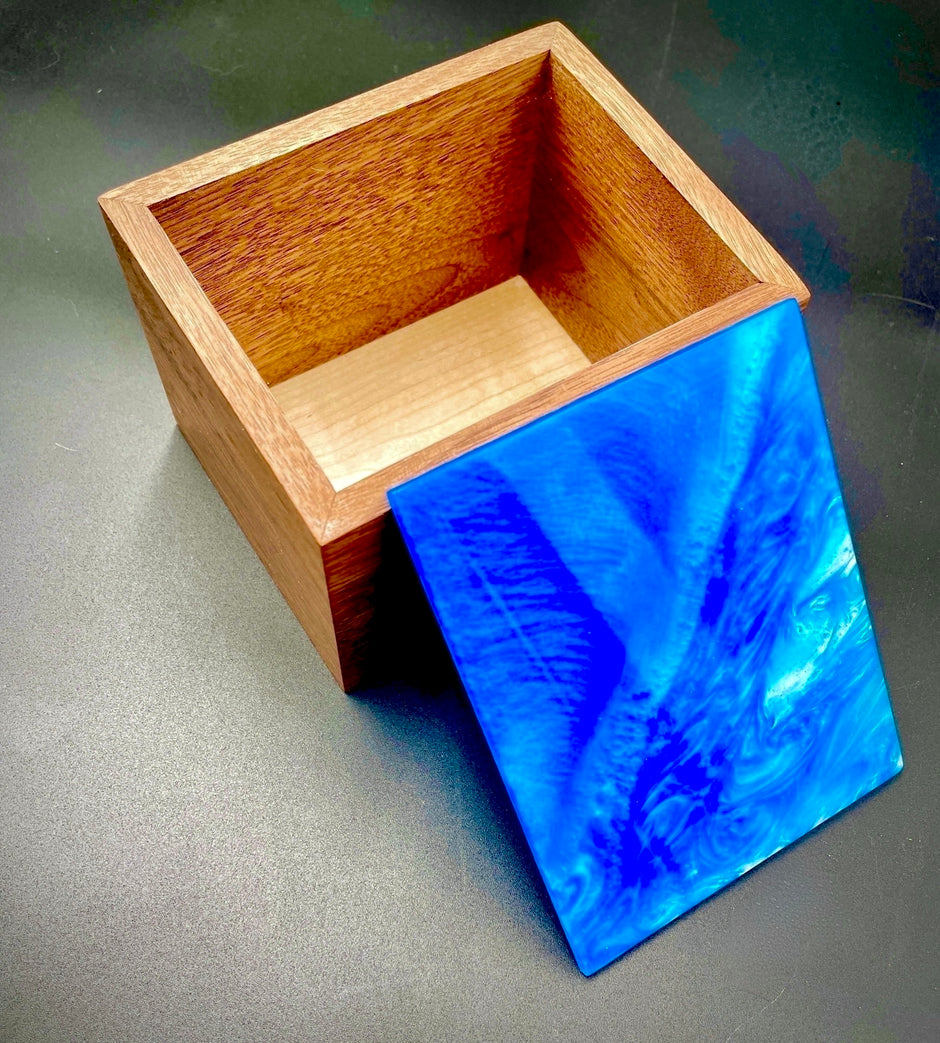 Walnut & Blue Epoxy Resin Box – Handcrafted Memory Box & Decor – Unique Luxury Wood Art – One-of-a-Kind Gift for Him or Her