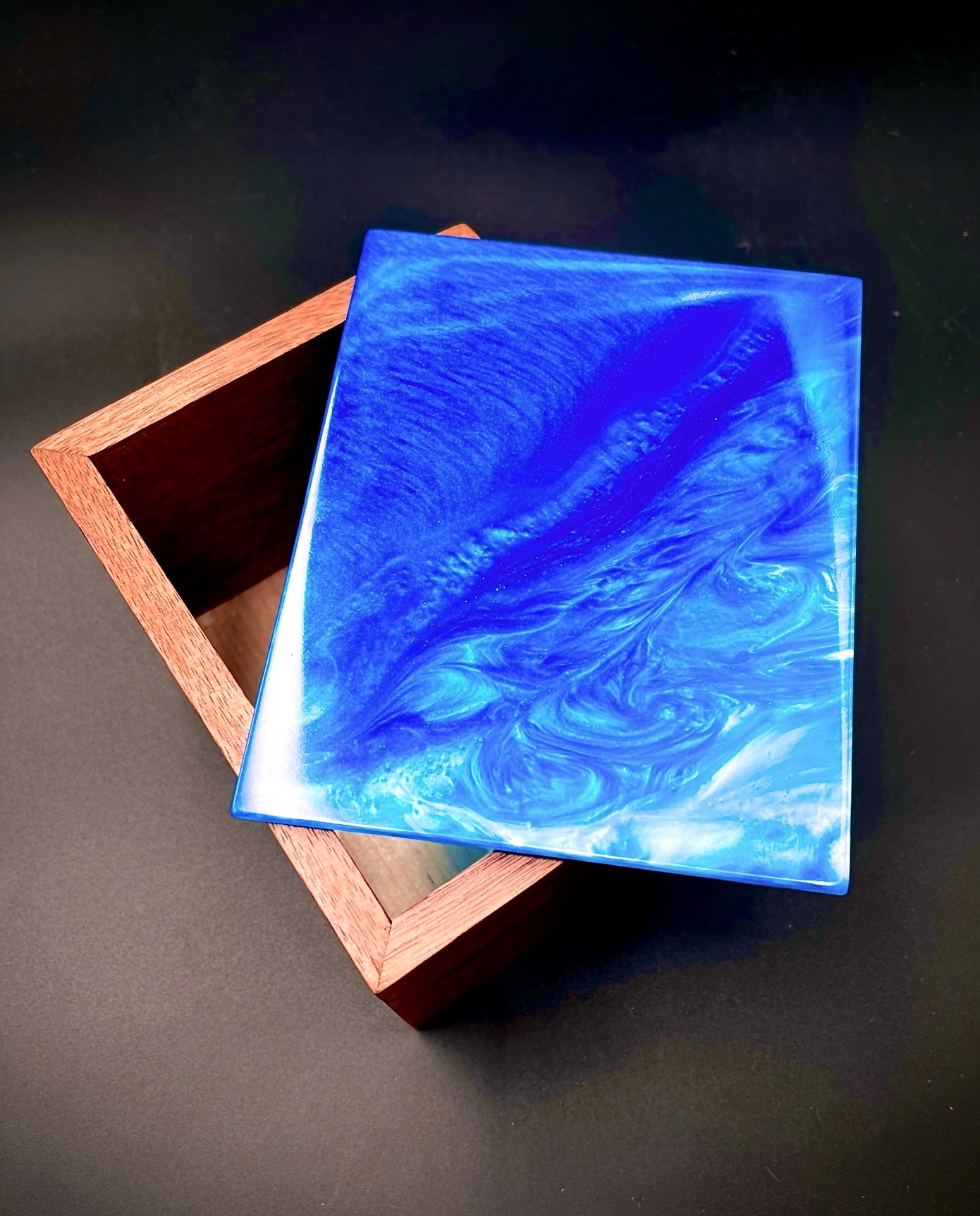 Walnut & Blue Epoxy Resin Box – Handcrafted Memory Box & Decor – Unique Luxury Wood Art – One-of-a-Kind Gift for Him or Her