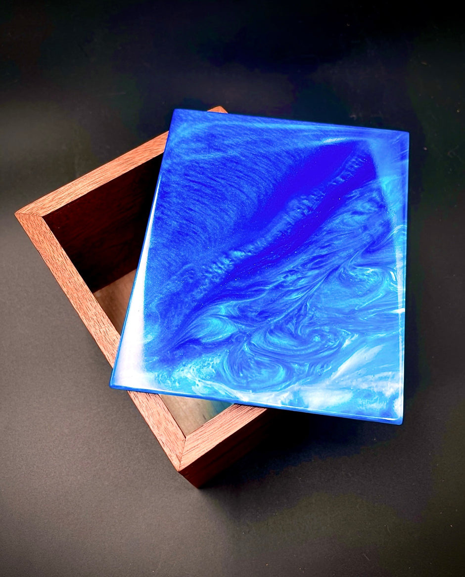 Walnut & Blue Epoxy Resin Box – Handcrafted Memory Box & Decor – Unique Luxury Wood Art – One-of-a-Kind Gift for Him or Her