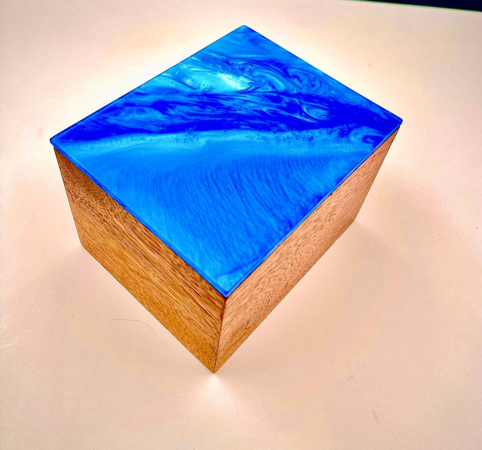Walnut & Blue Epoxy Resin Box – Handcrafted Memory Box & Decor – Unique Luxury Wood Art – One-of-a-Kind Gift for Him or Her