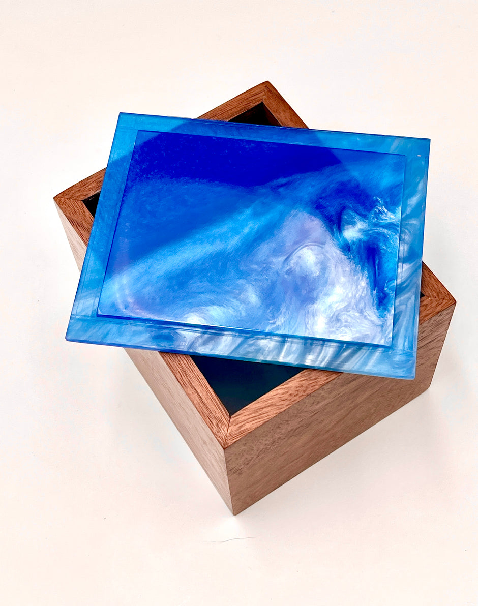 Walnut & Blue Epoxy Resin Box – Handcrafted Memory Box & Decor – Unique Luxury Wood Art – One-of-a-Kind Gift for Him or Her