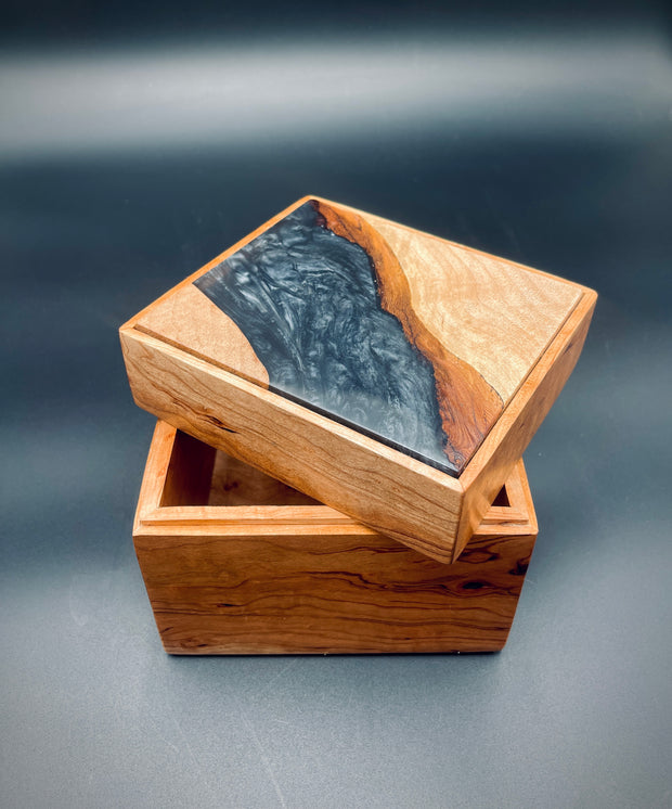 Handmade Cherry Wood Box with Black Epoxy Resin – Luxury Wood and Epoxy Resin Box – Unique Gift for Him or Her – Modern Decorative Art Box