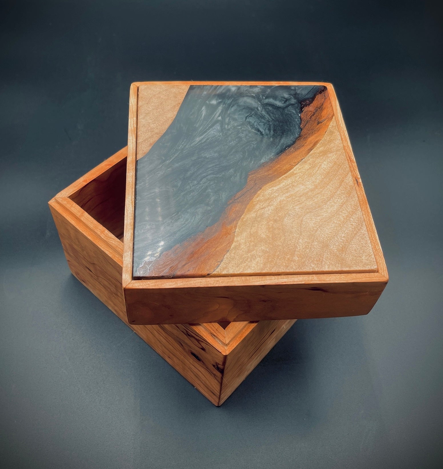 Handmade Cherry Wood Box with Black Epoxy Resin – Luxury Wood and Epoxy Resin Box – Unique Gift for Him or Her – Modern Decorative Art Box