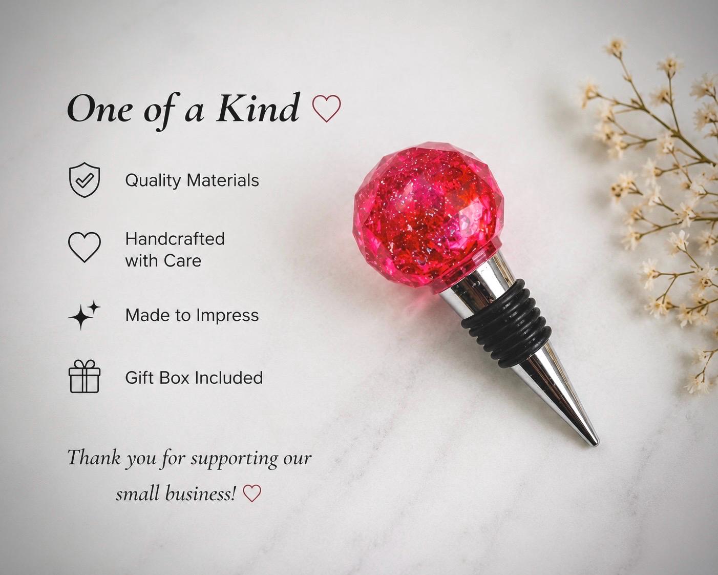 Handmade Ruby Red Resin Wine Stopper - Silver Leaf Detail - Stainless Steel Base - Gift Box Included