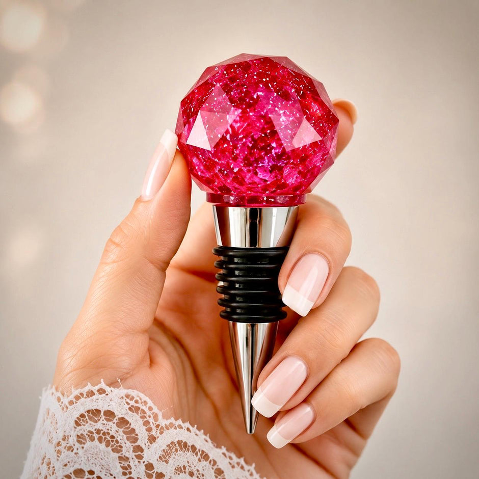 Handmade Ruby Red Resin Wine Stopper - Silver Leaf Detail - Stainless Steel Base - Gift Box Included