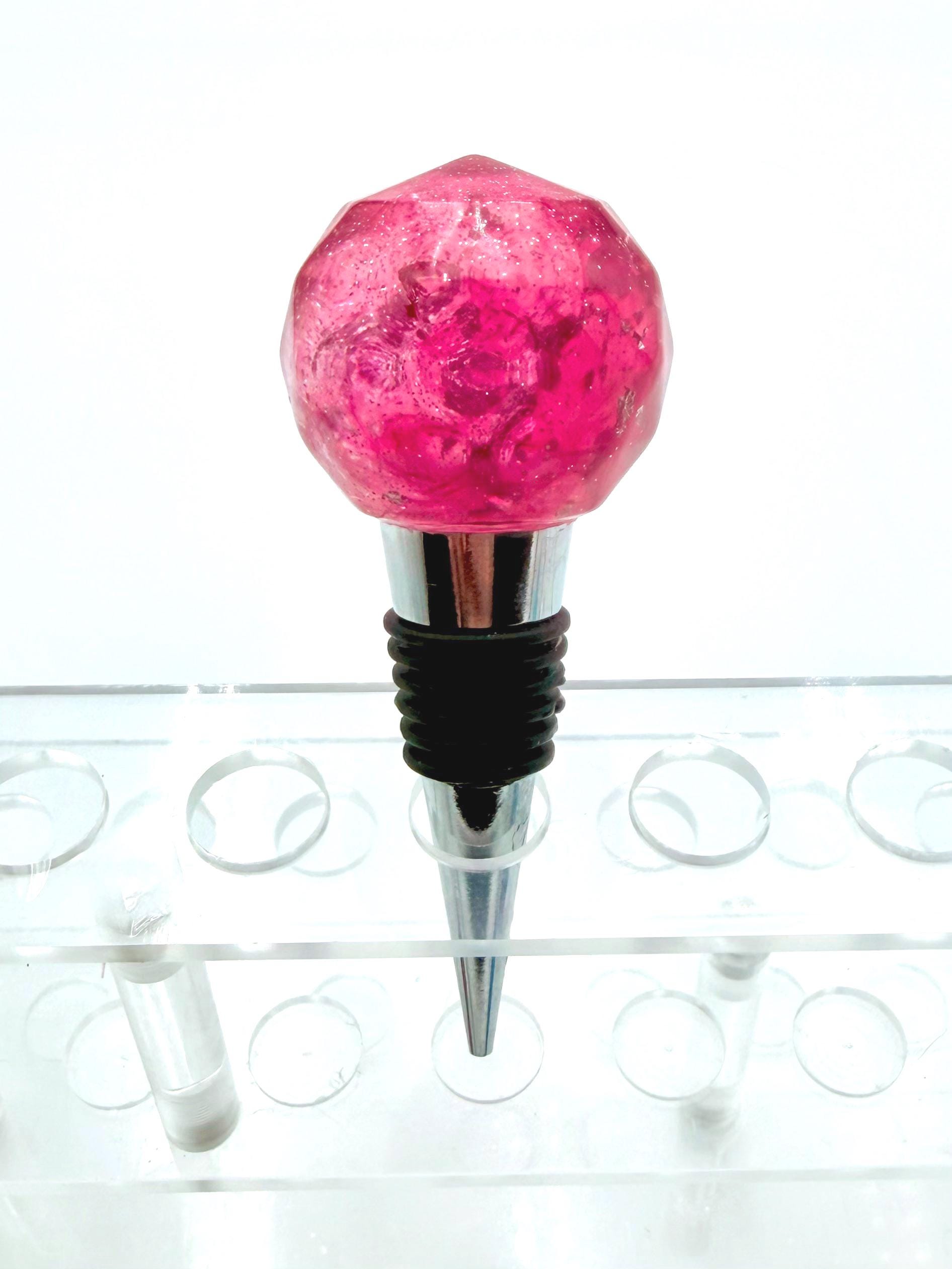 Handmade Ruby Red Resin Wine Stopper - Silver Leaf Detail - Stainless Steel Base - Gift Box Included