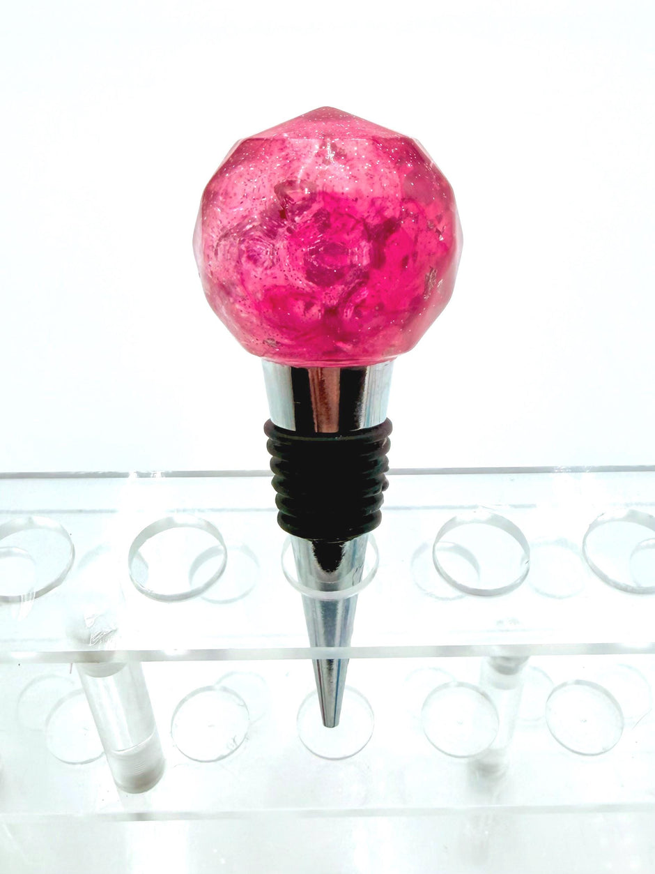 Handmade Ruby Red Resin Wine Stopper - Silver Leaf Detail - Stainless Steel Base - Gift Box Included