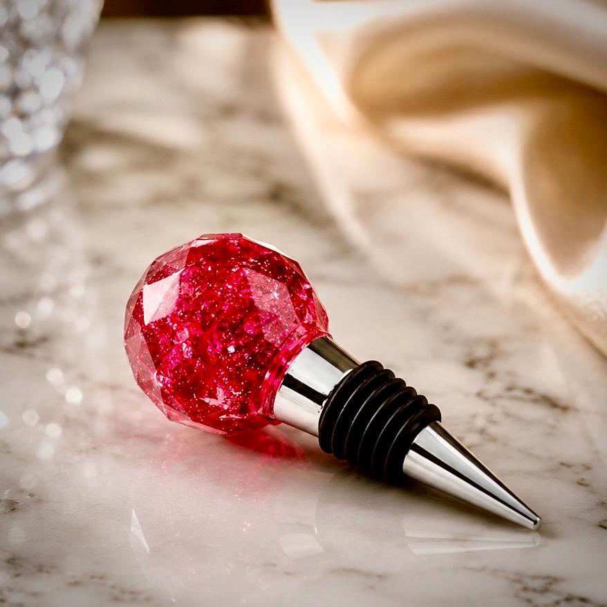 Handmade Ruby Red Resin Wine Stopper - Silver Leaf Detail - Stainless Steel Base - Gift Box Included