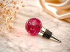 Handmade Ruby Red Resin Wine Stopper - Silver Leaf Detail - Stainless Steel Base - Gift Box Included