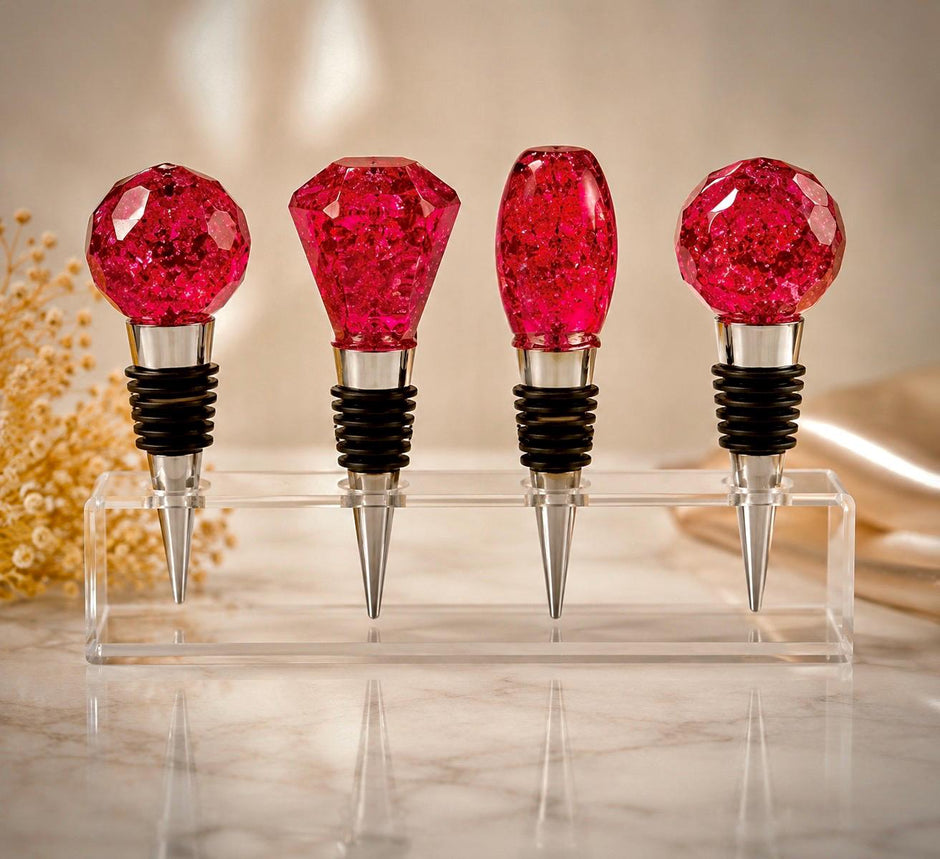 Handmade Ruby Red Resin Wine Stopper - Silver Leaf Detail - Stainless Steel Base - Gift Box Included
