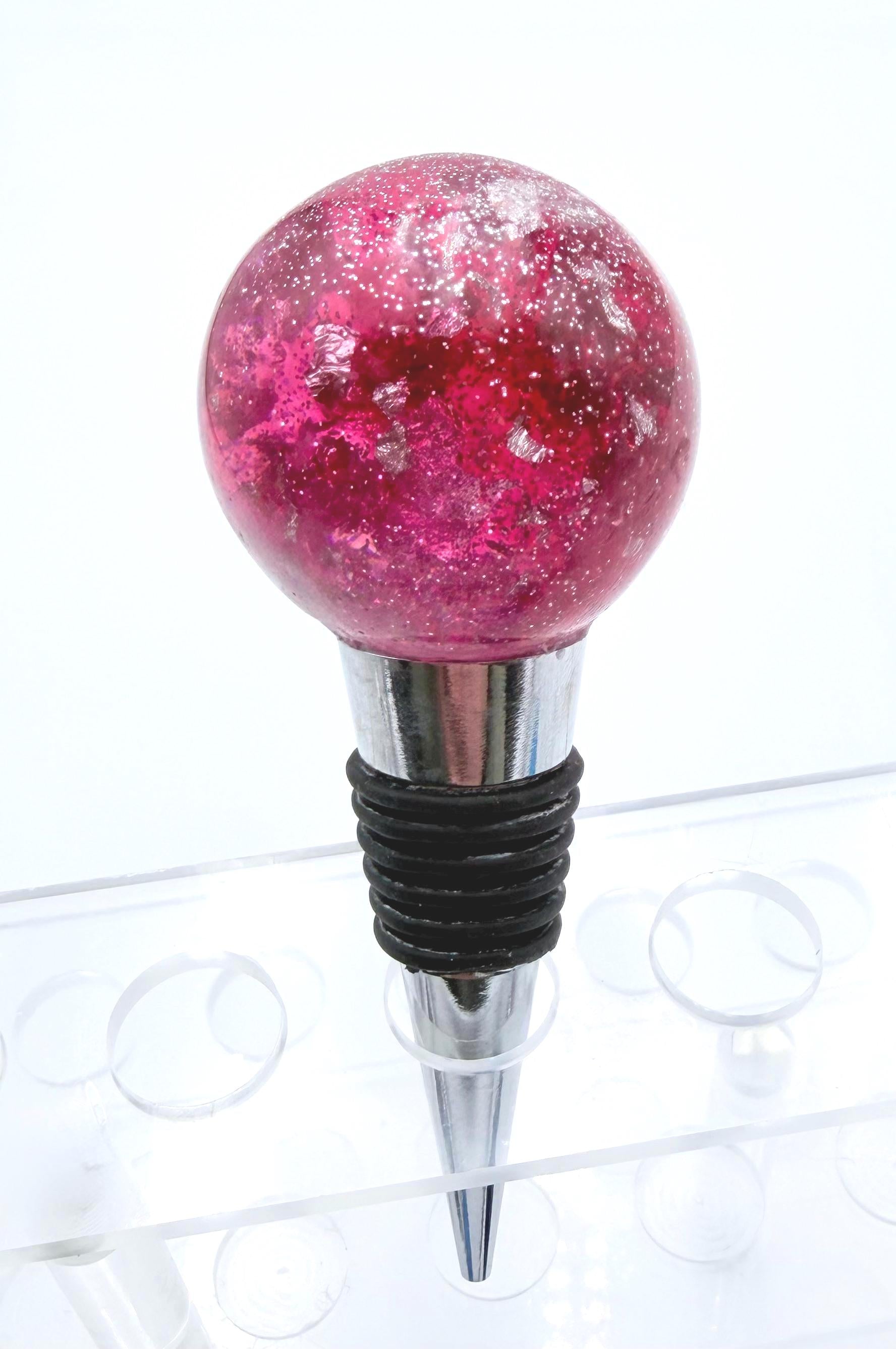 Handmade Ruby Red Resin Wine Stopper - Silver Leaf Detail - Stainless Steel Base - Gift Box Included