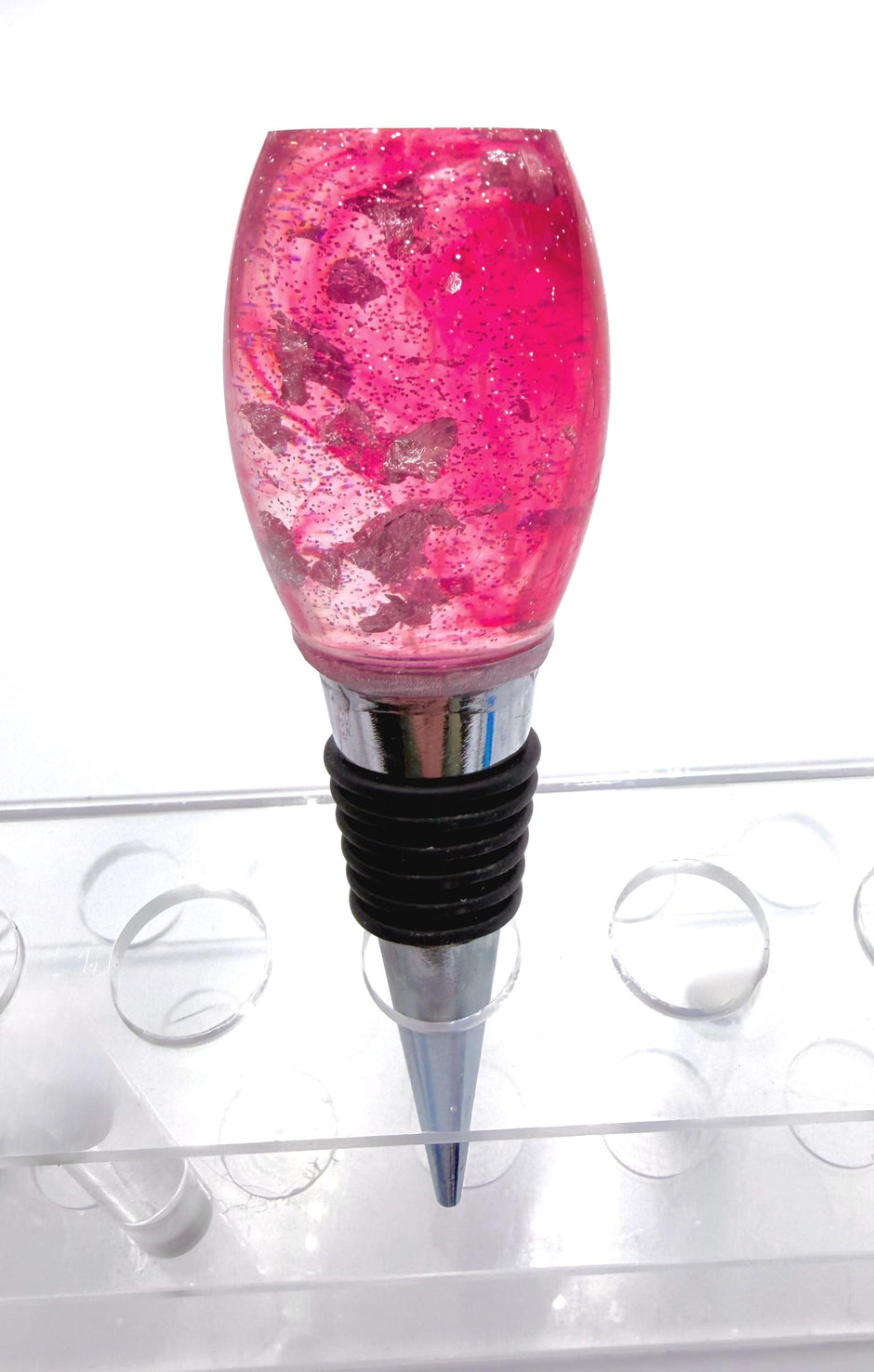 Handmade Ruby Red Resin Wine Stopper - Silver Leaf Detail - Stainless Steel Base - Gift Box Included