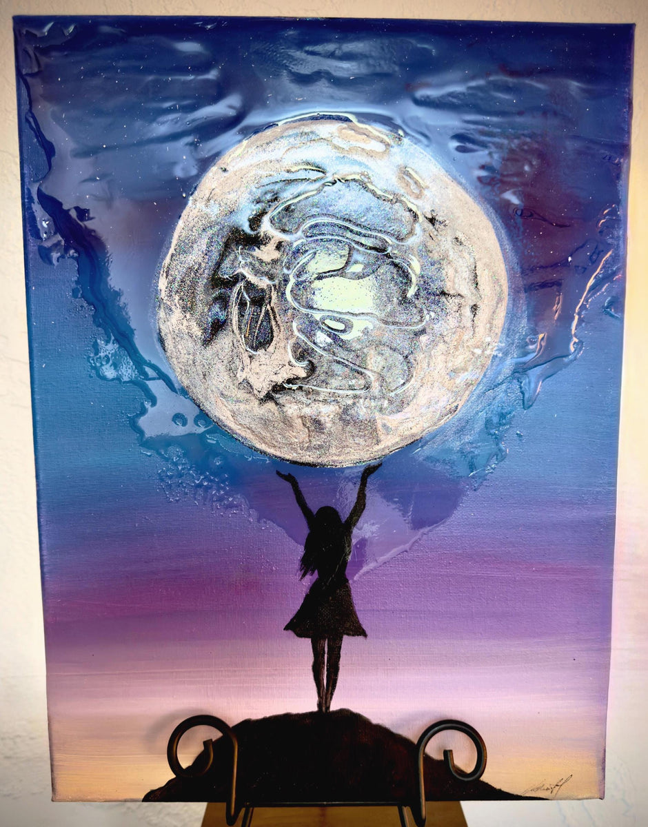 Original Acrylic Resin Moon Painting, Night Sky Fantasy Art, Blue Purple Canvas (12x16)