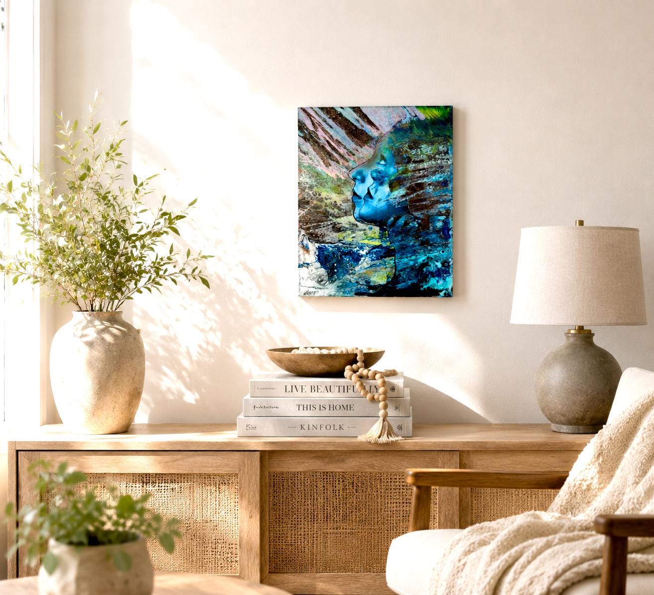 Original Abstract Face Painting, Blue Turquoise Canvas Art, Surreal Portrait, Acrylic Artwork (11