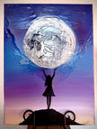 Original Acrylic Resin Moon Painting, Night Sky Fantasy Art, Blue Purple Canvas (12x16)