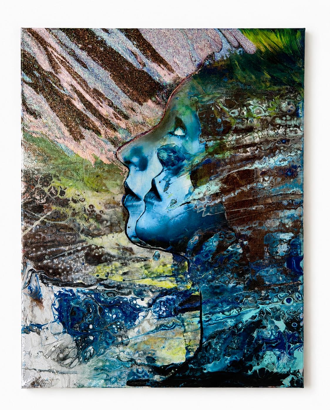 Original Abstract Face Painting, Blue Turquoise Canvas Art, Surreal Portrait, Acrylic Artwork (11