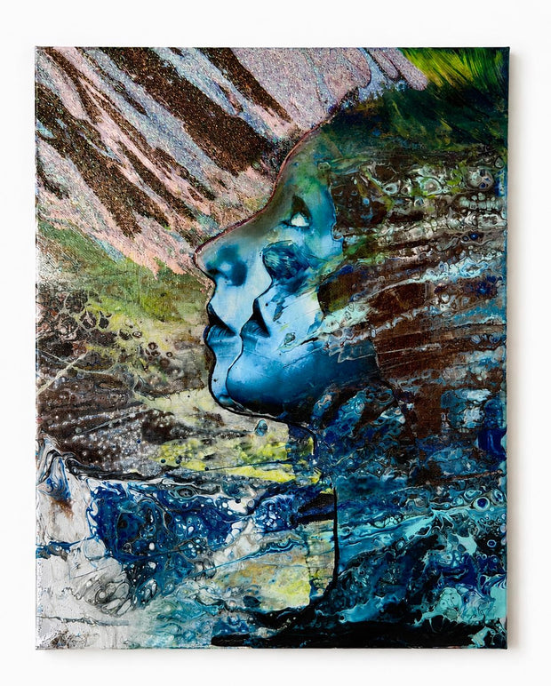 Original Abstract Face Painting, Blue Turquoise Canvas Art, Surreal Portrait, Acrylic Artwork (11" x 13.5")
