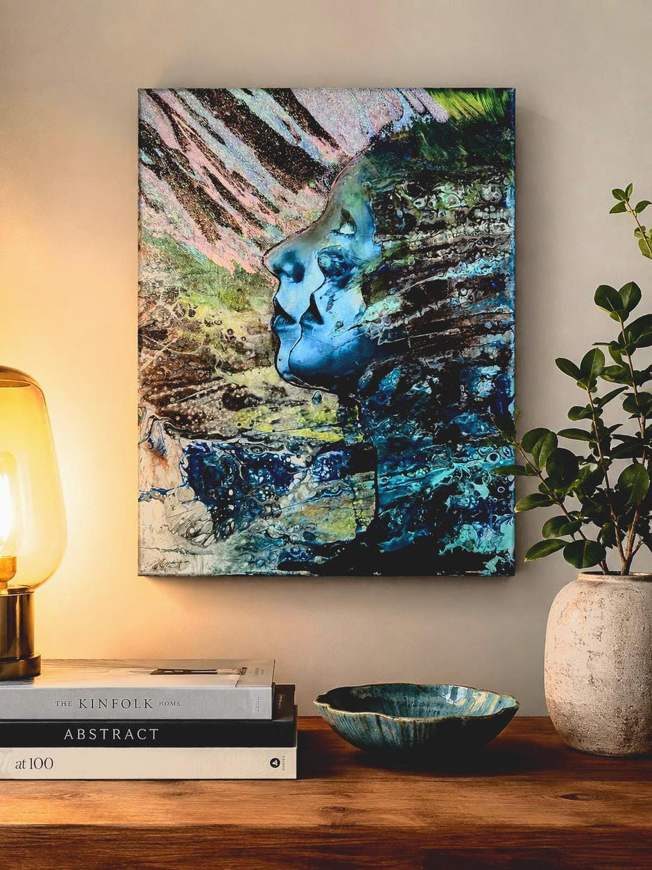 Original Abstract Face Painting, Blue Turquoise Canvas Art, Surreal Portrait, Acrylic Artwork (11