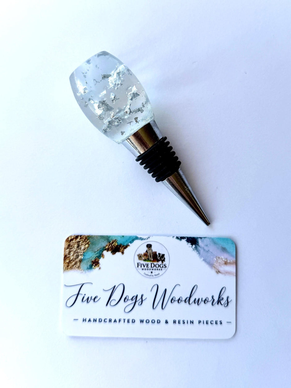 Silver Leaf Wine Stopper - Handmade Resin Bottle Stopper - Gemstone Design - Gift Box Included