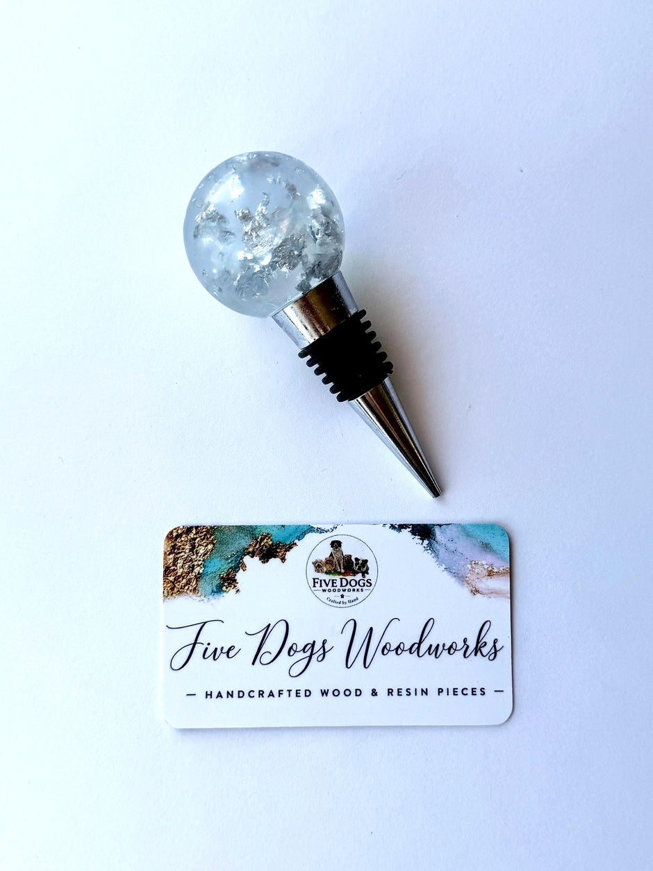 Silver Leaf Wine Stopper - Handmade Resin Bottle Stopper - Gemstone Design - Gift Box Included