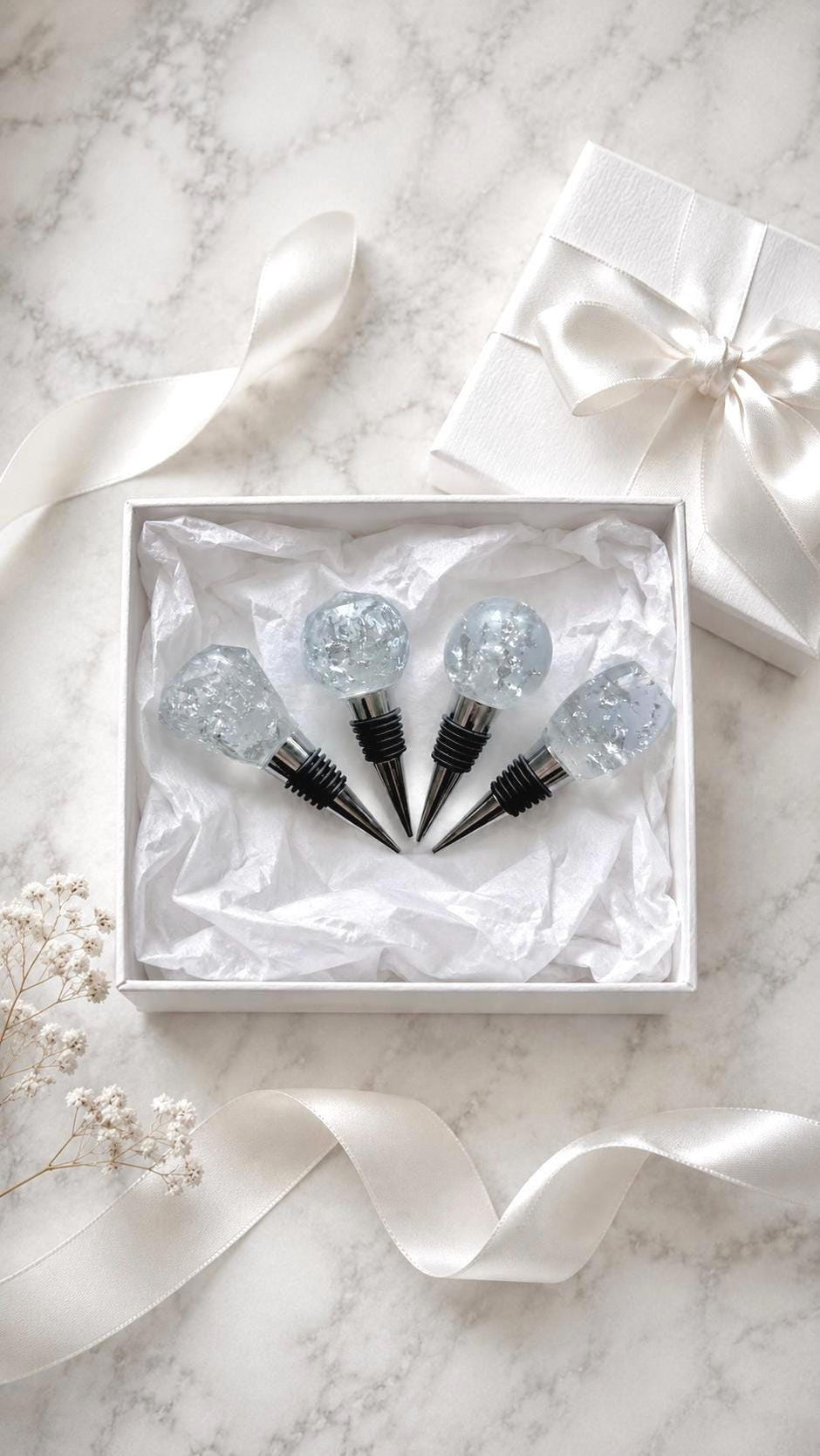 Silver Leaf Wine Stopper - Handmade Resin Bottle Stopper - Gemstone Design - Gift Box Included